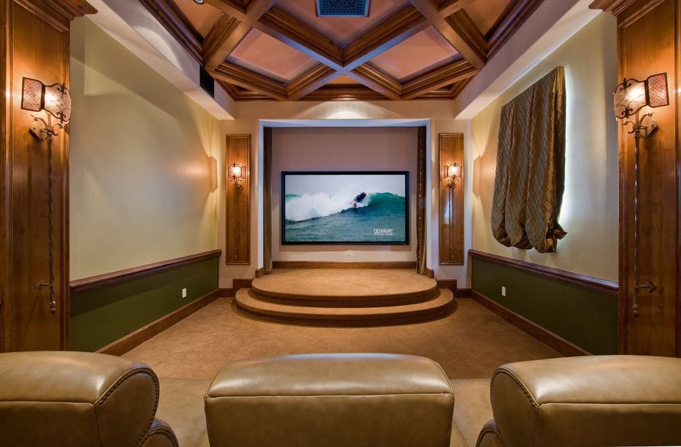 Rocky Mount Theater for a Mediterranean Home Theater with a Leather Chairs and Stellar Golf Showhouse by Morales Design Studio, Inc.