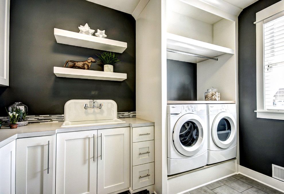 Rodda Paint for a Traditional Laundry Room with a Tile Floor and Georgetown Shores by Dwellings