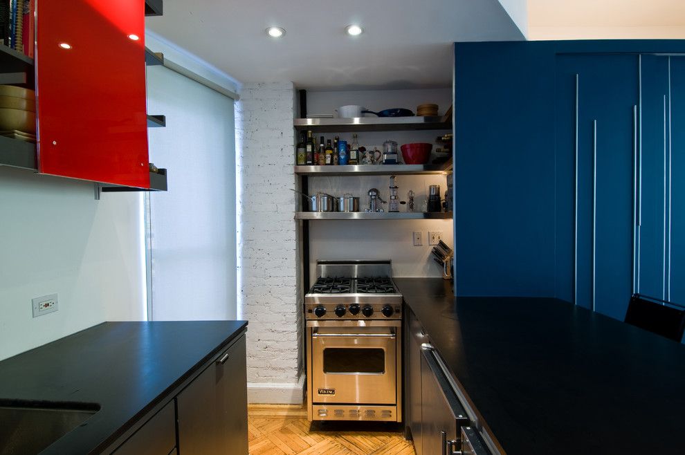 Rsd Supply for a Modern Kitchen with a Blue Cabinets and Unfolding Apartment by Michael K Chen Architecture