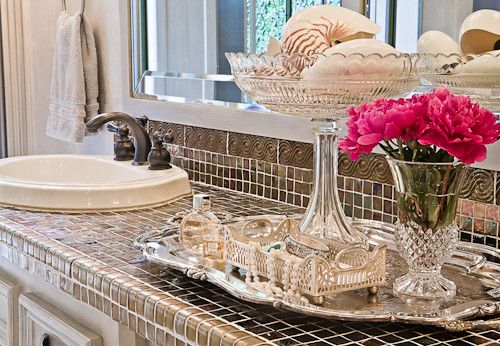 Ryland Homes Houston for a Transitional Bathroom with a Tile Counter Top and Quiet Sophisticated Master Bathroom by Cindy Aplanalp Yates & Chairma Design Group