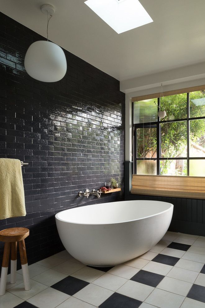 San Bernard Electric for a Eclectic Bathroom with a Black Wainscoting and an Eclectic Family Home   Noe Valley, Sf by Alden Miller Interiors