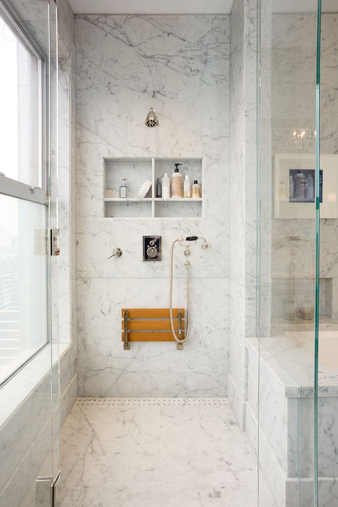 San Francisco Points of Interest for a Transitional Bathroom with a Shower Bench and San Francisco   Urban Contemporary Design by New Marble Company Inc.