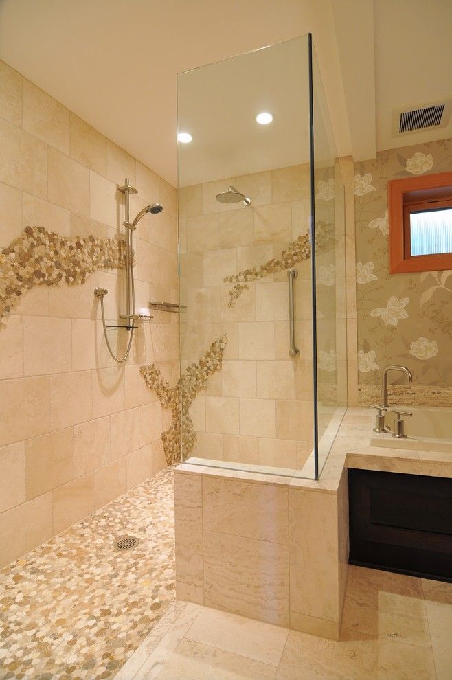 Seattle Yoga Arts for a Eclectic Bathroom with a Mosaic Tile Shower Floor and Shiela Off, Cmkbd by Signature Design & Cabinetry Llc