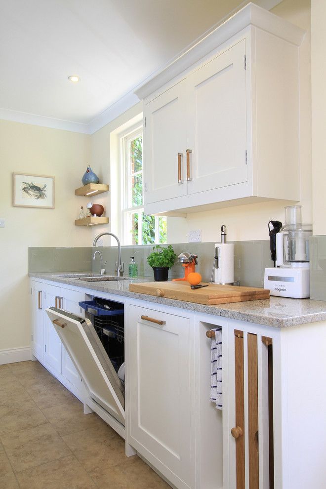 Self Serve Lumber for a Traditional Kitchen with a Tile Floor and in Frame Shaker Kitchen in Green Blue & Wimborne White by Beau Port Kitchens