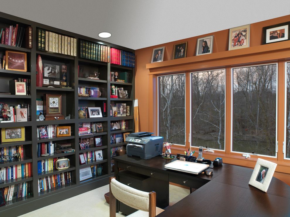 Shelco for a Traditional Home Office with a Orange Wall and River House by Melaragno Design Company, Llc