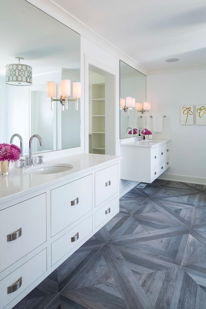 Sherwin Williams Flooring for a Transitional Bathroom with a Pops of Purple and Master Bathroom by Martha O'hara Interiors