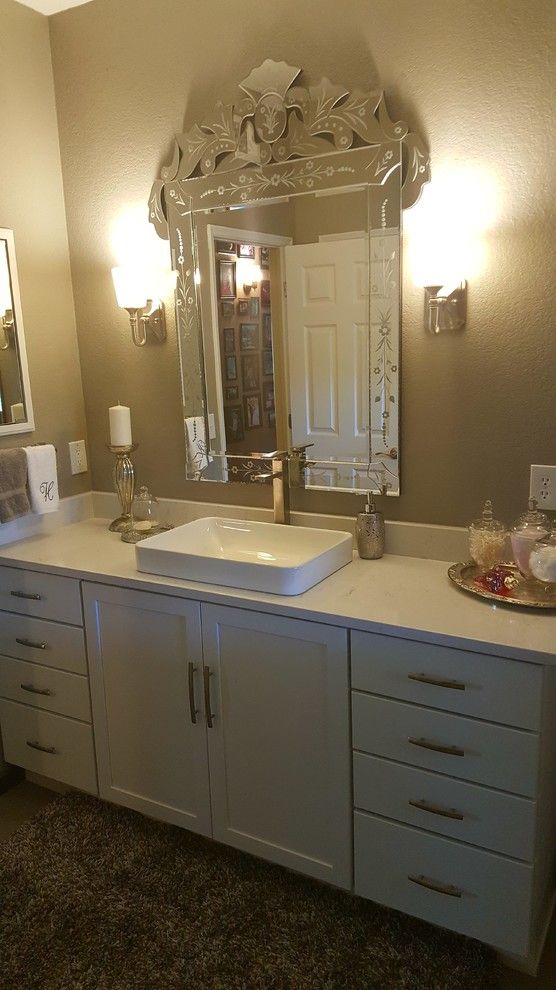 Sierra Vista Theater for a Transitional Bathroom with a Detailed Mirror and Beautiful Bathroom Remodel by Mr. Fix It of Sierra Vista, Llc