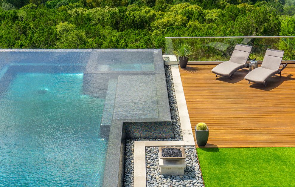 Simply Austin Furniture for a Modern Pool with a Gorgeous Pool and West Lake Hills Infinity Edge Pool & Decks (Ipe, Cable Railing) by Timbertown