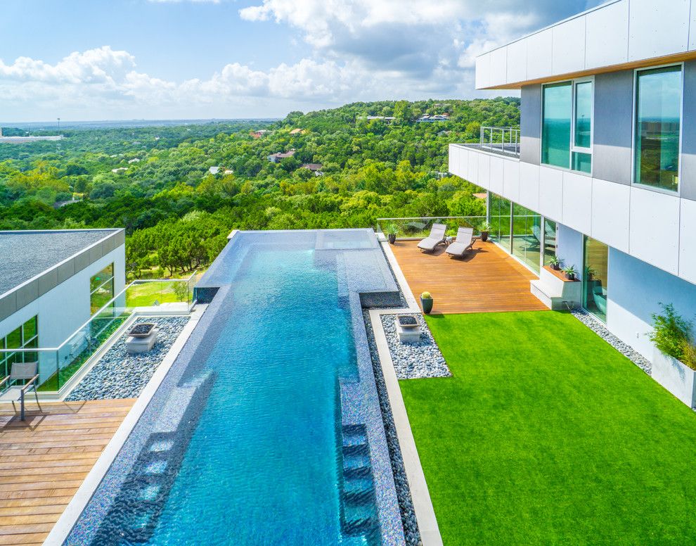 Simply Austin Furniture for a Modern Pool with a Outdoor Lounge Chairs and West Lake Hills Infinity Edge Pool & Decks (Ipe, Cable Railing) by Timbertown