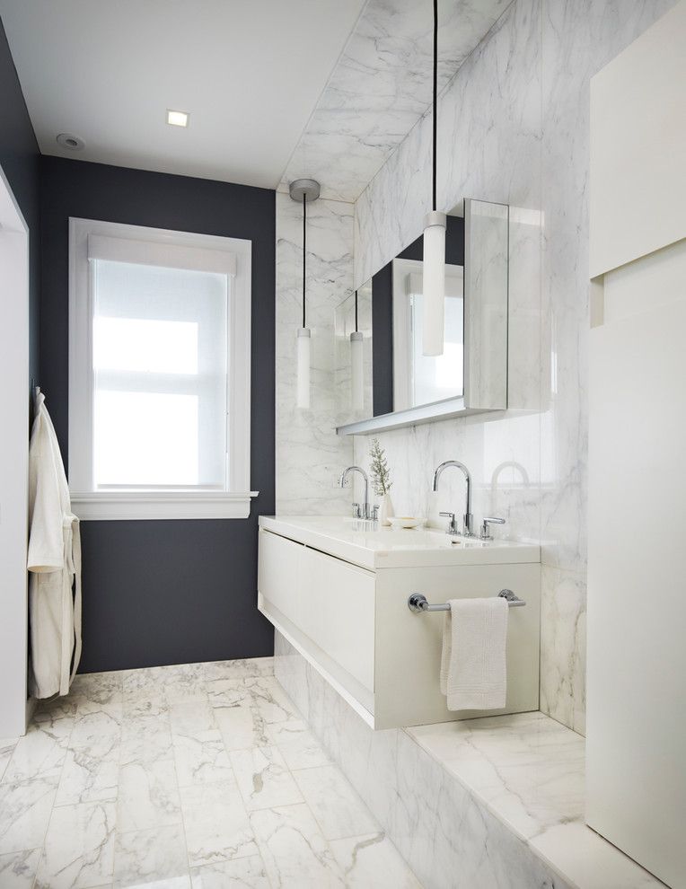 Single Hung vs Double Hung for a Modern Bathroom with a White Stone Wall and Hyde Park Victorian by Mia Rao Design