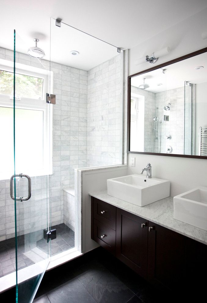 Skunk Smell in House for a Transitional Bathroom with a Double Vanity and Classic Contemporary Washroom by Melissa Davis Design