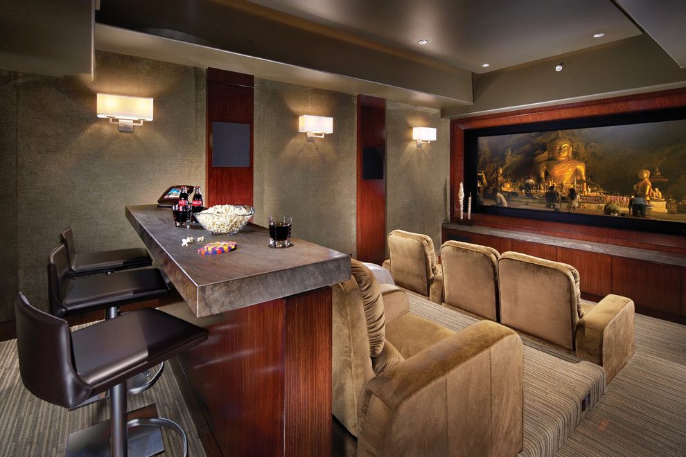 Southridge Movie Theater for a Tropical Home Theater with a Carpeted Wall and Contemporary Style in Laguna Beach, California by Wendi Young Design