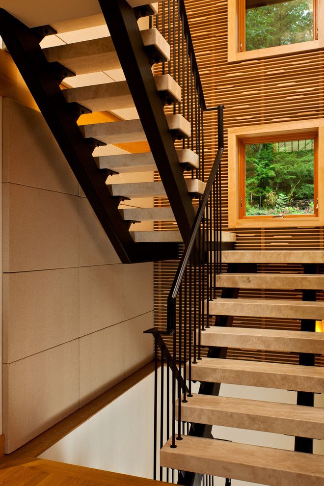 Squam Lake for a Contemporary Staircase with a Travertine Wall and Lake Luzerne House by Phinney Design Group