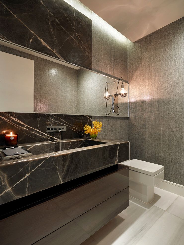 St Croix Theater for a Contemporary Powder Room with a Grey Wallpaper and St. Regis Bal Harbour Residence by B+G Design Inc.