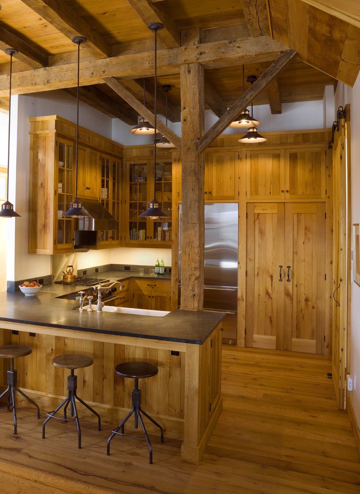 Standard Bar Stool Height for a Rustic Kitchen with a Rustic Wood Post and Music Barn by Birdseye Design