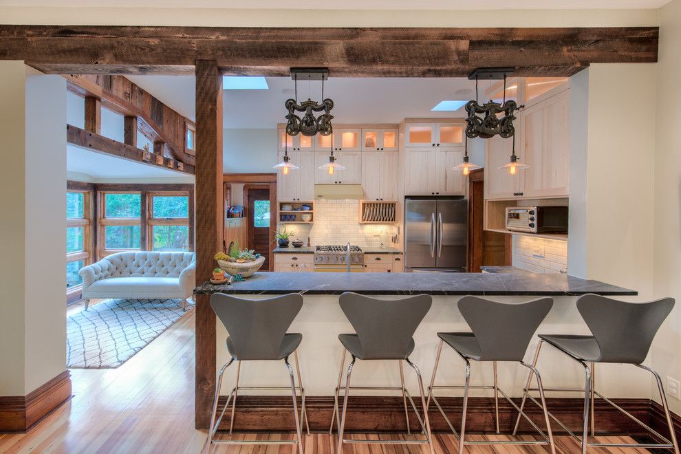 Standard Bar Stool Height for a Transitional Kitchen with a Plate Rack and Sherwood by Highcraft Builders