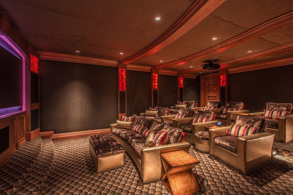 Syracuse Movie Theater for a Mediterranean Home Theater with a Track Arm and Paradise Valley Manor by Feathers Fine Custom Furnishings