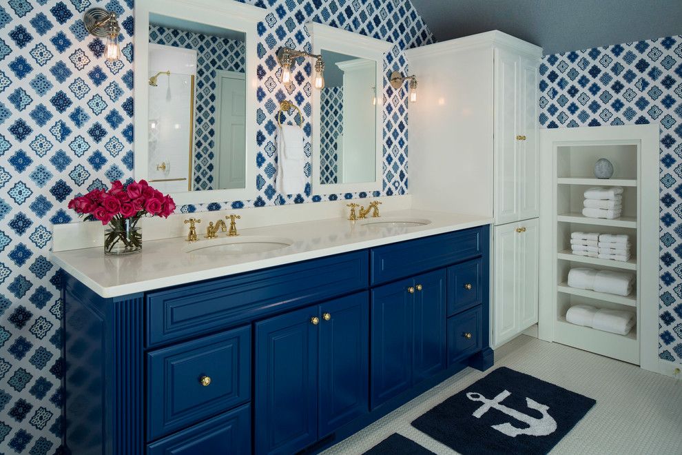 Tardis Blue Paint for a Beach Style Bathroom with a Wallpaper and Birch Grove by Martha O'hara Interiors