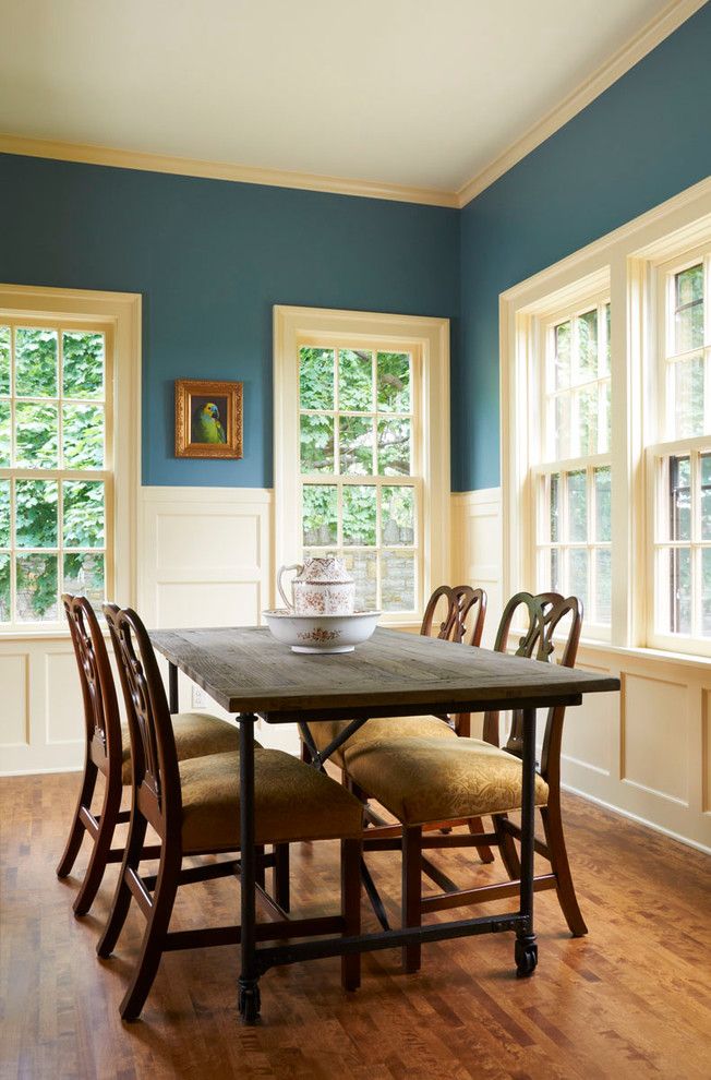 Tardis Blue Paint for a Traditional Dining Room with a Rustic Dining Table and Grand Hill by Welch Forsman Associates