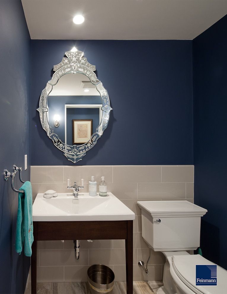 Tardis Blue Paint for a Traditional Powder Room with a Bathroom Mirror and Modern Urban Revival by Feinmann, Inc.