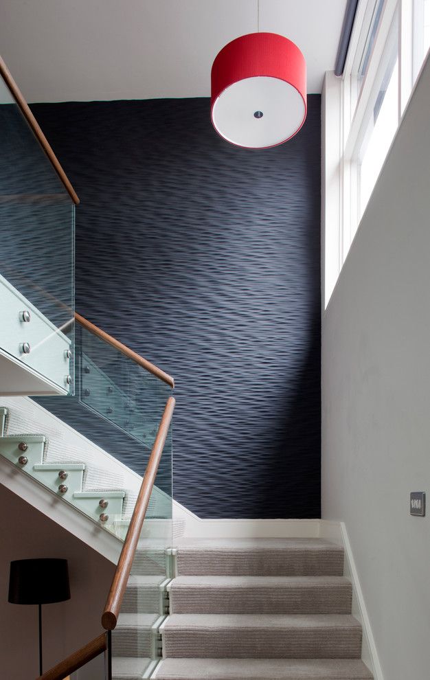 Texturing Walls for a Contemporary Staircase with a Drum Pendant Light and Contemporary House by Nicola O’Mara Interior Design