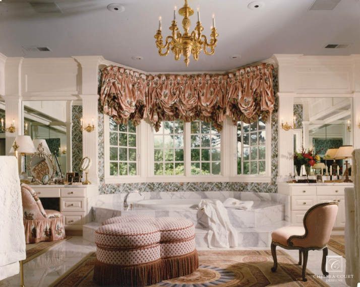 The Courts at Huntington Station for a Traditional Bathroom with a Golden Carved Chandelier and Formal Bath by Chelsea Court Designs