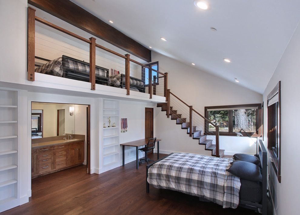 The Garage Brockton Ma for a Rustic Bedroom with a Sloped Cieling and Mammoth Cabin   David B. Smith Architect by Jeri Koegel Photography