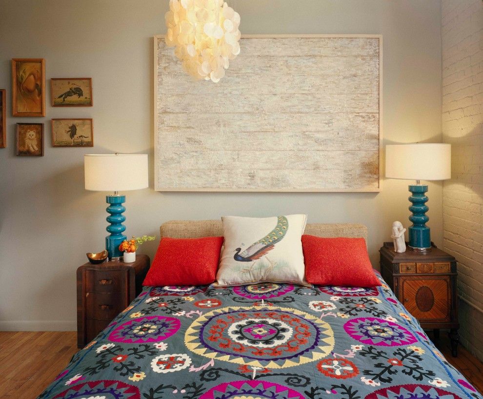 Thrift Stores Omaha for a Eclectic Bedroom with a Blue Bedside Lamps and Loft in Brooklyn Sweater Factory by Ondine Karady Design