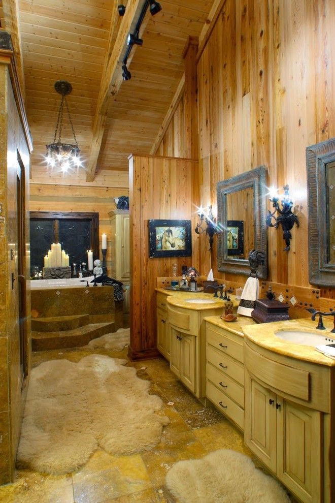 Timberlake Furniture for a Rustic Bathroom with a Timber Frame and the Barkely Family Home by Hearthstone Inc