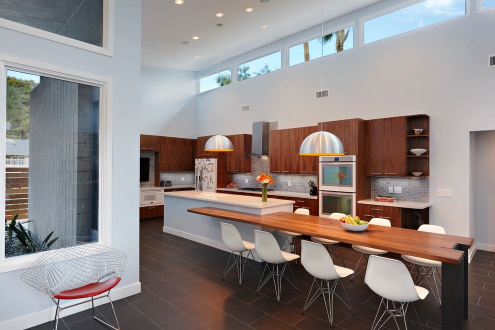 Tmart Furniture for a Midcentury Kitchen with a High Ceiling and Andserson Residence by Bunnyfish Studio