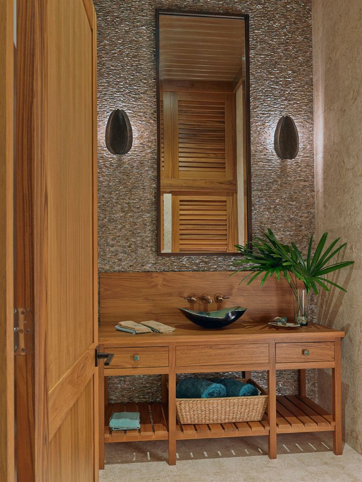 Tommy Bahama Newport Beach for a Tropical Powder Room with a Teak Vanity and Private Residence   Ocean Reef   Key Largo, Fl by Ruffino Cabinetry