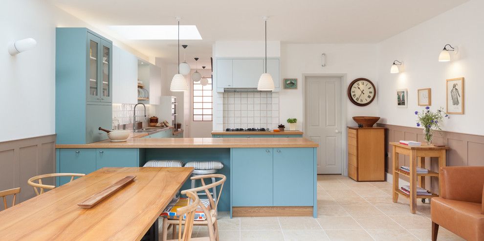 Ultratec for a Scandinavian Dining Room with a Blue Cabinets and Hackney Kitchen by Ryan Wicks Photography Ltd