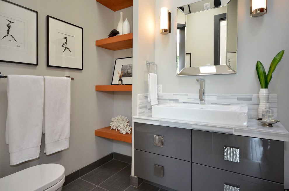 United Artists Farmingdale for a Contemporary Bathroom with a Gallery Wall and Dawna Jones Design by Dawna Jones Design