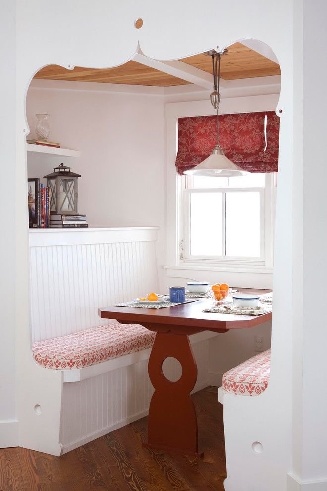 Valance Definition for a Farmhouse Dining Room with a Red Table and West Meadow Residence by Goff Architecture