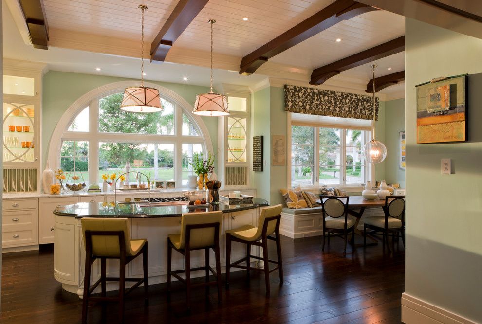 Valance Definition for a Transitional Kitchen with a Drum Pendant Light and Tranquil Eclectic Residence by Deakins Design Group