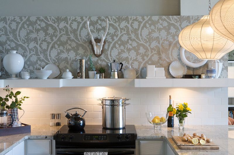 Vineyard Vines Wallpaper for a Contemporary Kitchen with a Jamie Young Lighting and Heather Garrett Design by Heather Garrett Design