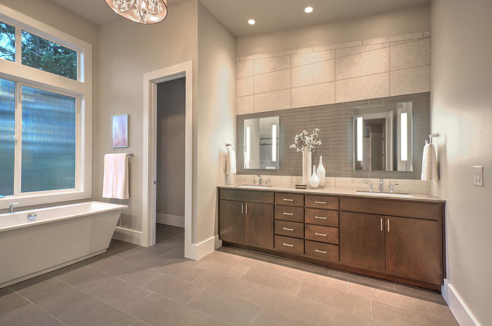 Voss Lighting for a Contemporary Bathroom with a Gray Walls and Greater Seattle Area | the Amsterdam Master Bathroom by Jaymarc Homes