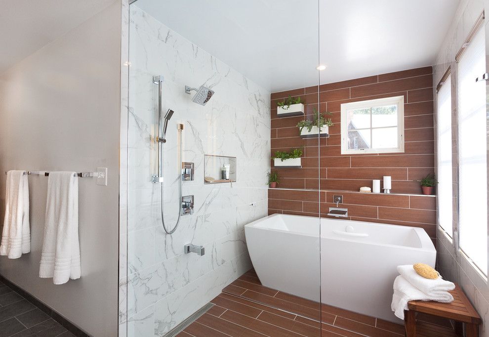 Voss Lighting for a Contemporary Bathroom with a Shower Bench and Nebraska Ave by Grossmueller's Design Consultants