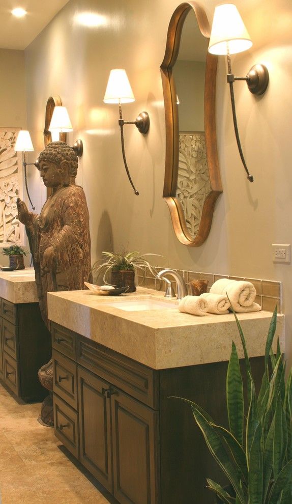 Voss Lighting for a Eclectic Bathroom with a Hand Painted Cabinets and Zen Space by Gayle Wainwright