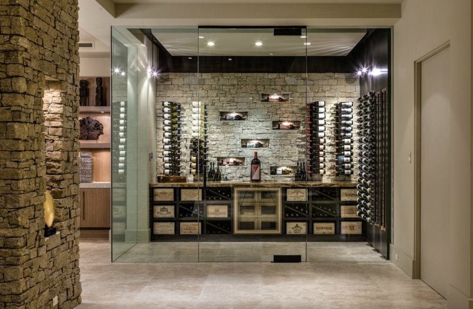 What is a Humidor for a Contemporary Wine Cellar with a Beige Color Wine Room and Custom Home Palm Desert Indoor Outdoor Living by Blackbird Interiors