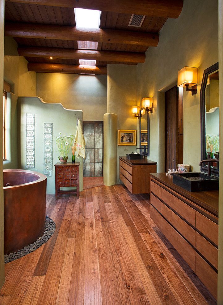 Wholesale Builders Supply for a Southwestern Bathroom with a Double Bathroom Sink and Santa Fe Contemporary Remodel by Prull Custom Builders