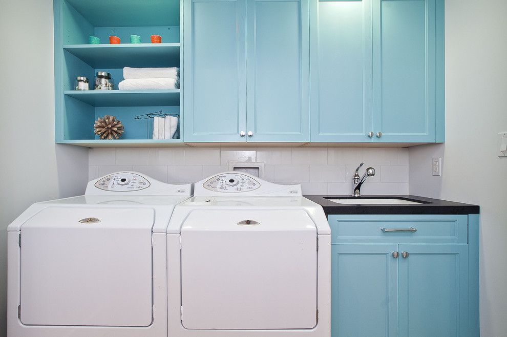 Winchester Ma Real Estate for a Beach Style Laundry Room with a Light Blue Cabinets and Beach Street Laundry by Melissa Lenox Design