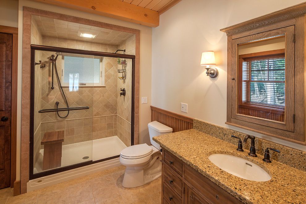 Window Depot Tucson for a Rustic Bathroom with a Wood Ceiling Beam and New Hampshire Lake House by Bensonwood