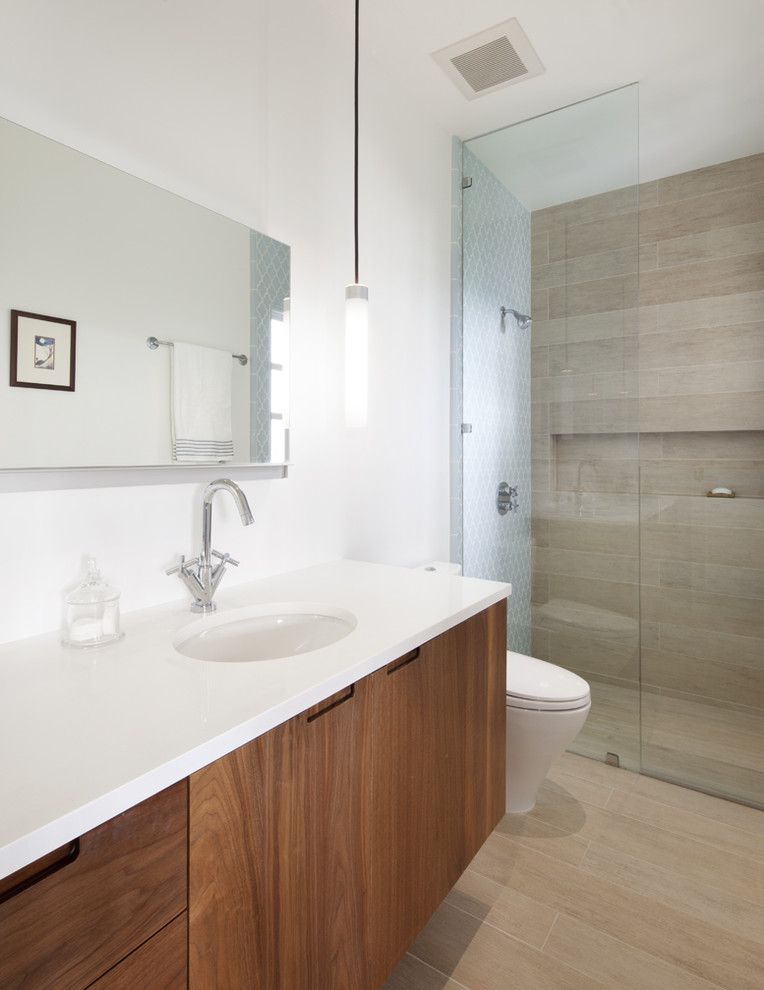 Wood Lathe Projects for a Contemporary Bathroom with a Floating Vanity and Master Bath by Jeff King & Company