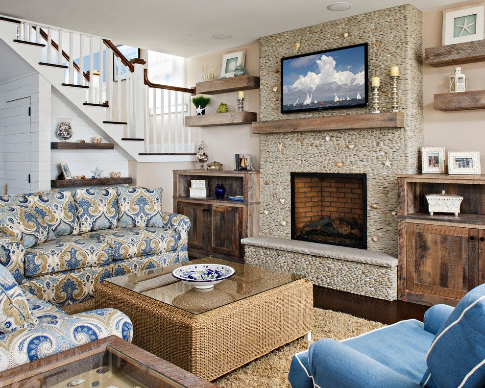 Www.twinspires.com for a Beach Style Living Room with a Custom Fireplace and Harvey Cedars by Serenity Design