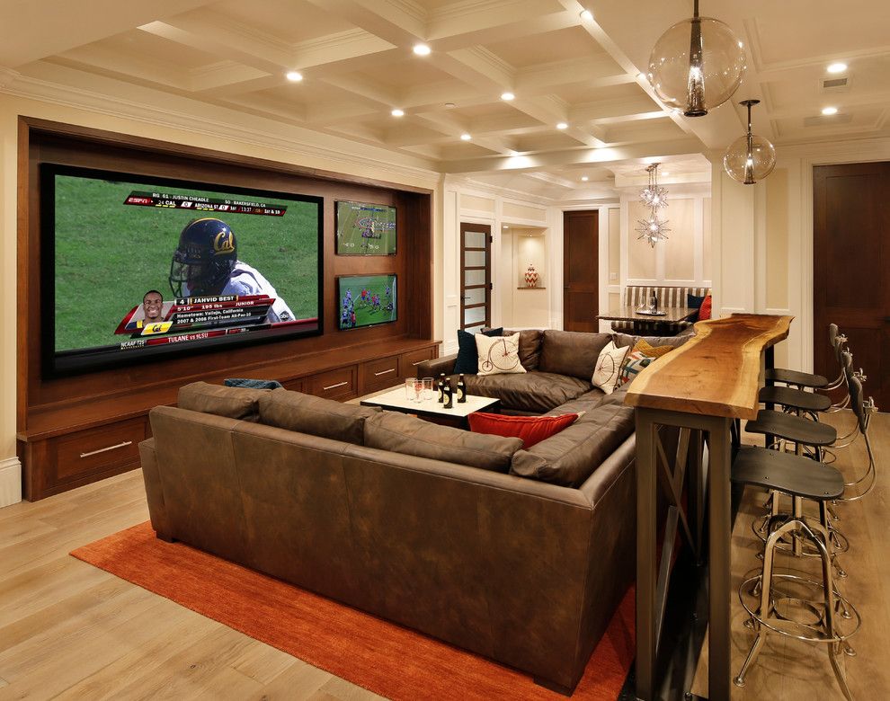 Xroom for a Traditional Home Theater with a Black Counter Stool and Family Room, Home Theater and Bar by Trg Architects